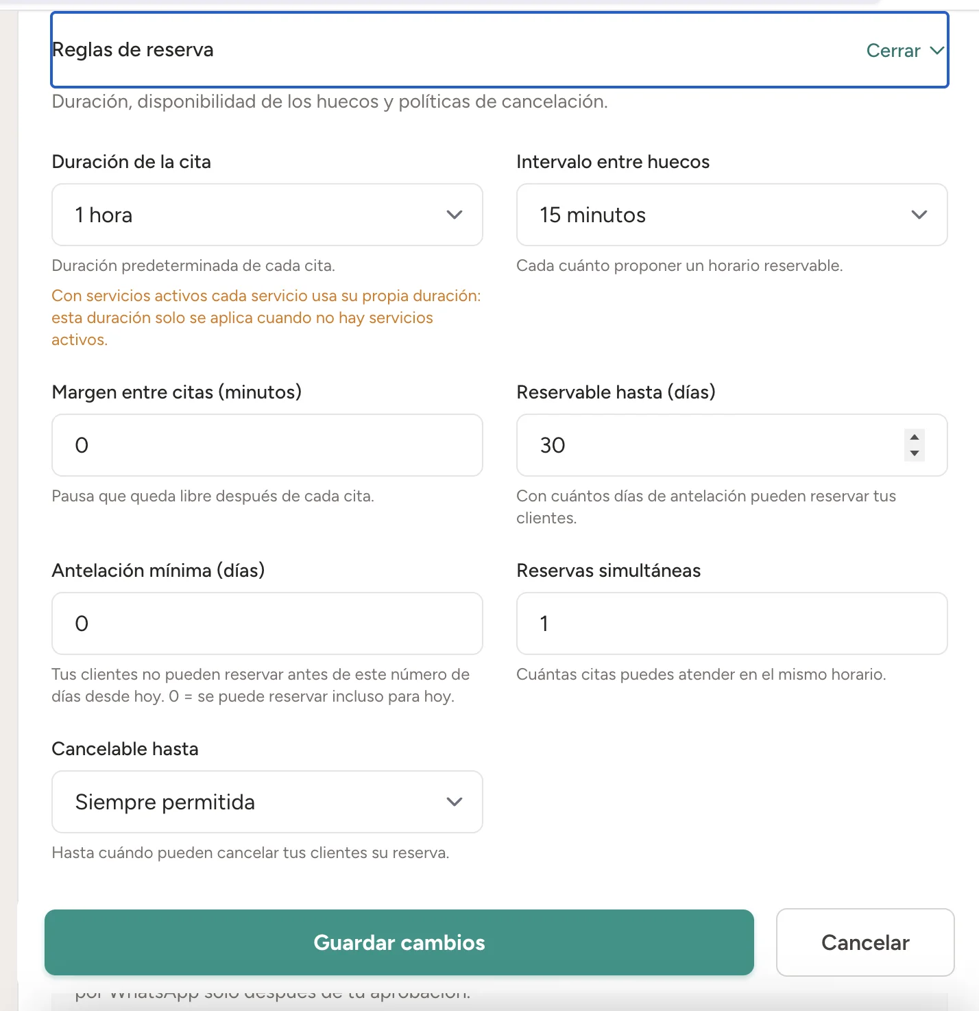 Reglas de reserva con intervalo, margen, antelación, capacidad y cancelación