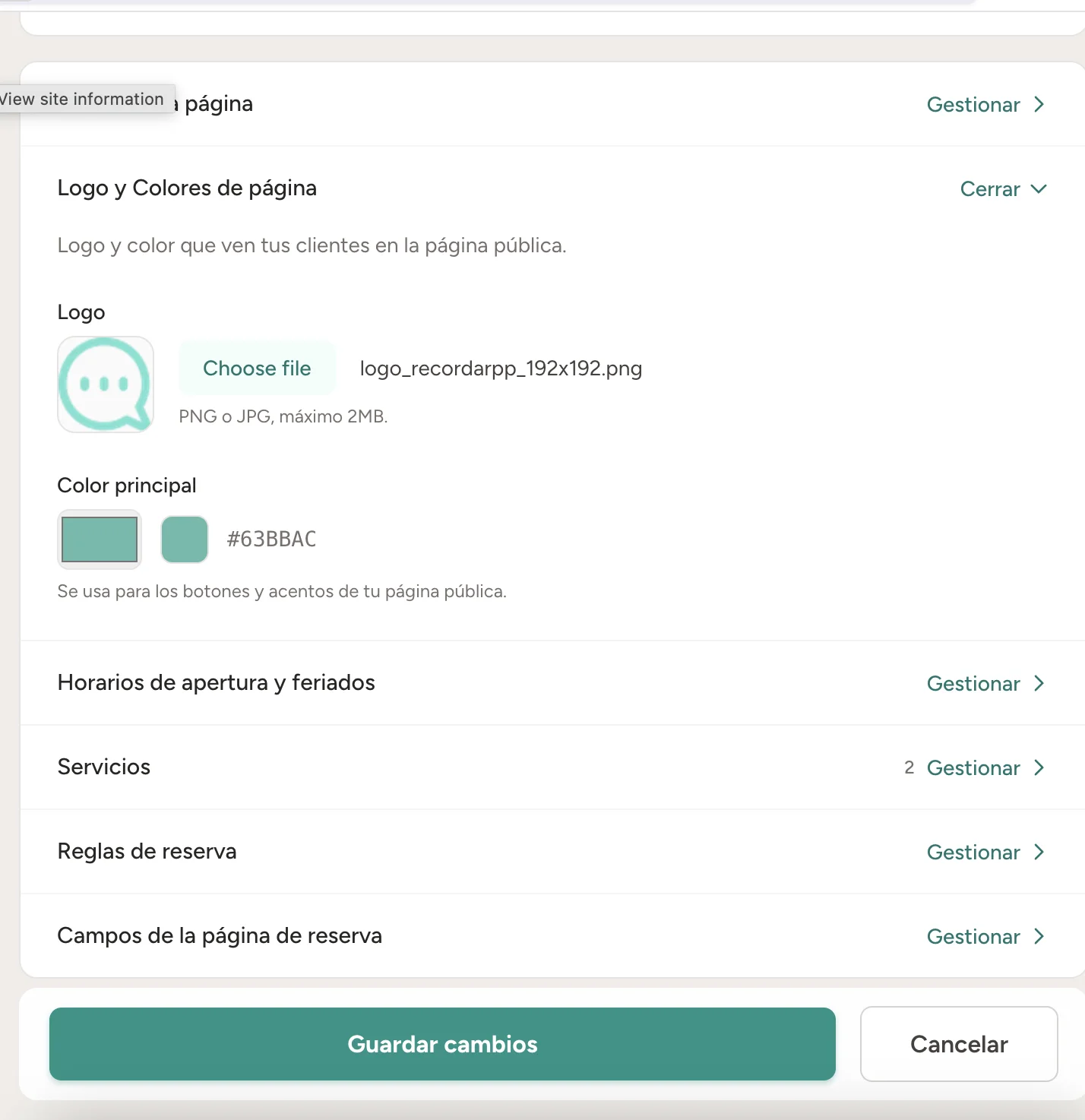 Configuración del logotipo y del color principal de una página de reservas