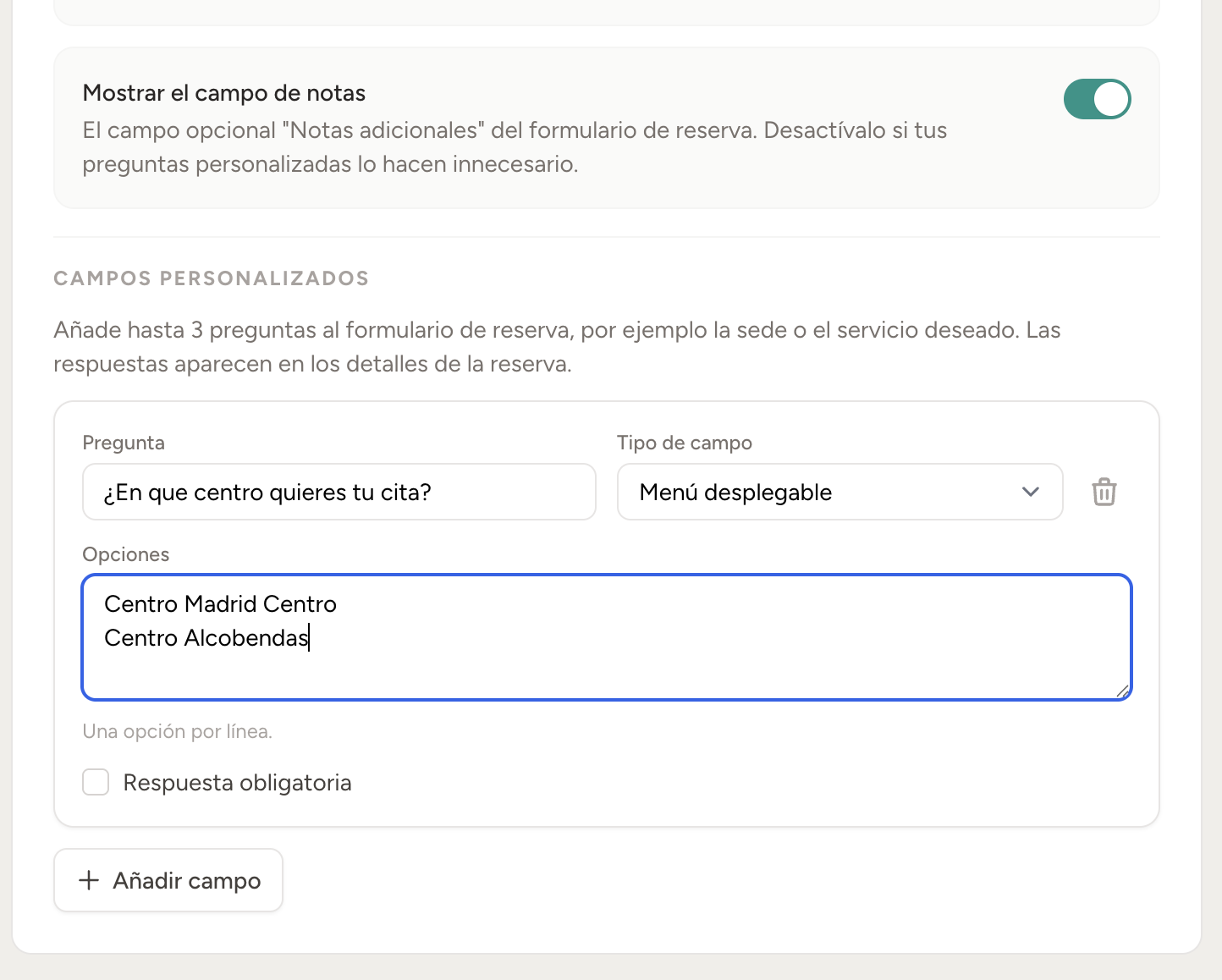 Configuración de preguntas personalizadas en el formulario de reserva