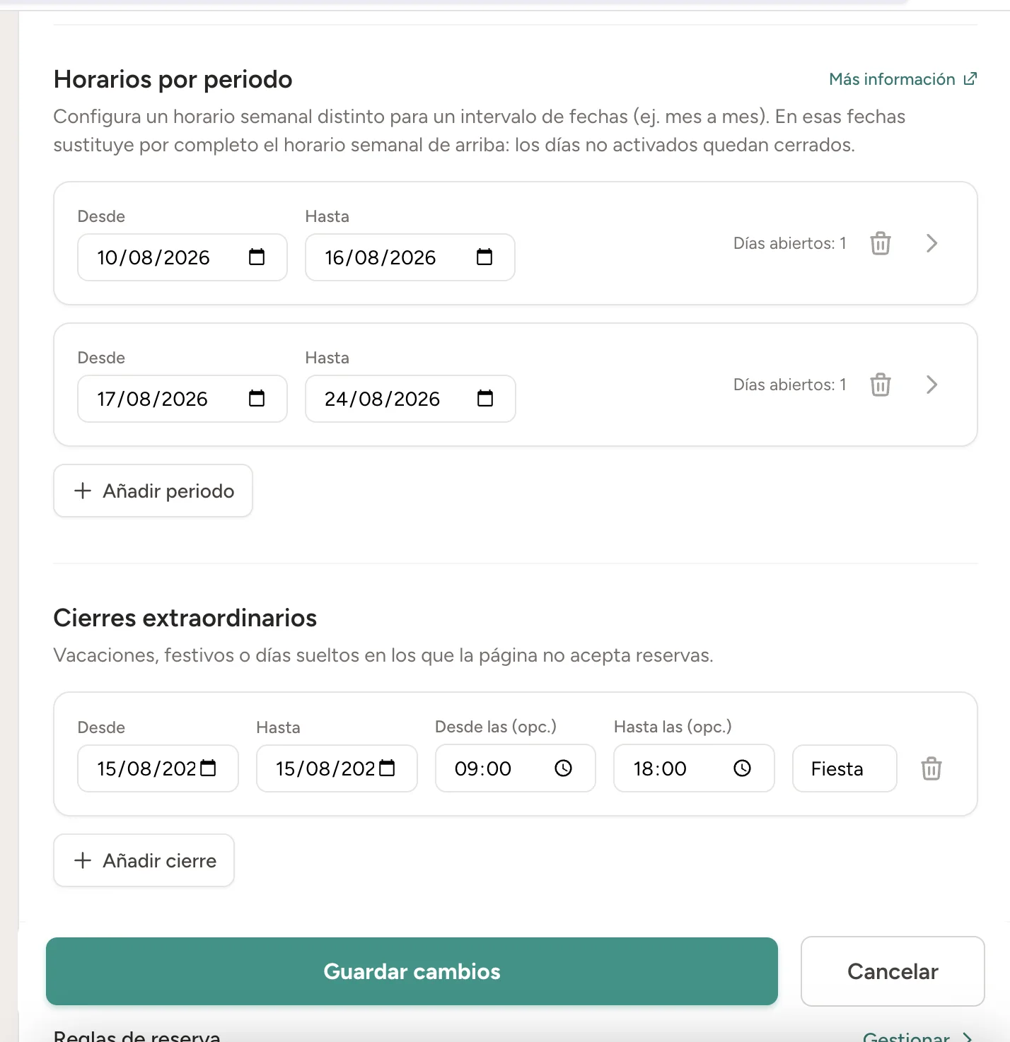 Periodos con horarios especiales y cierres extraordinarios configurados en español
