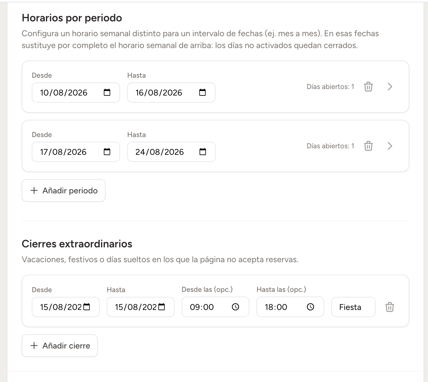 Configuración de horarios semanales para intervalos de fechas