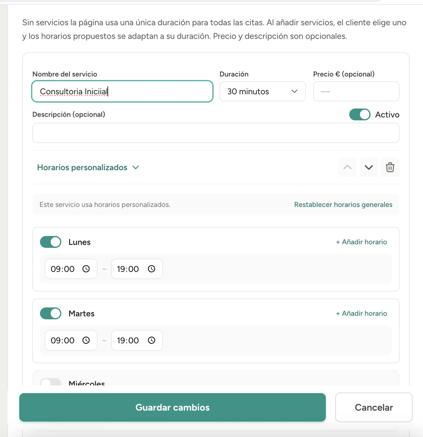 Horarios personalizados abiertos dentro de un servicio de la página de reservas