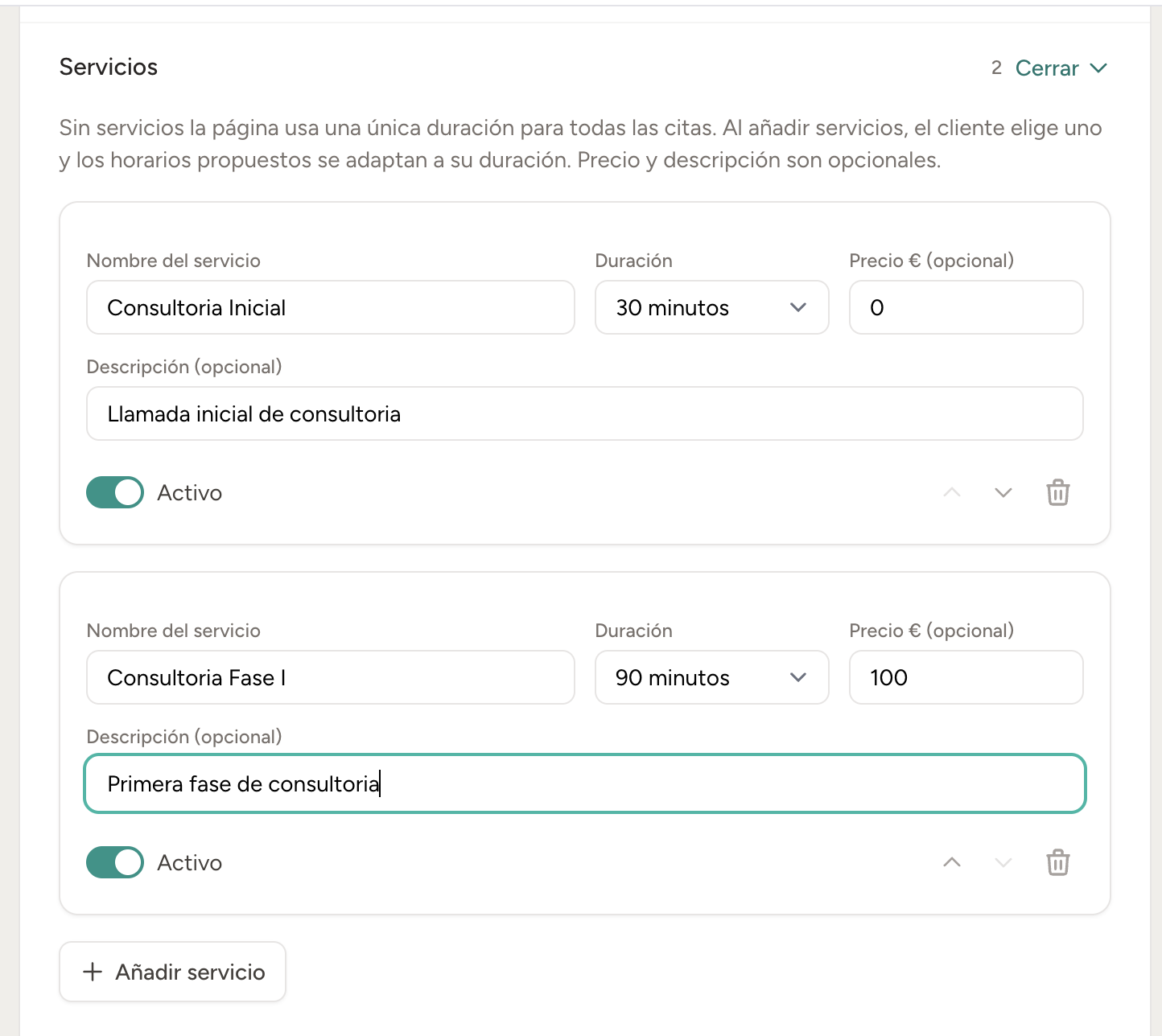 Configuración de servicios con distinta duración y precio