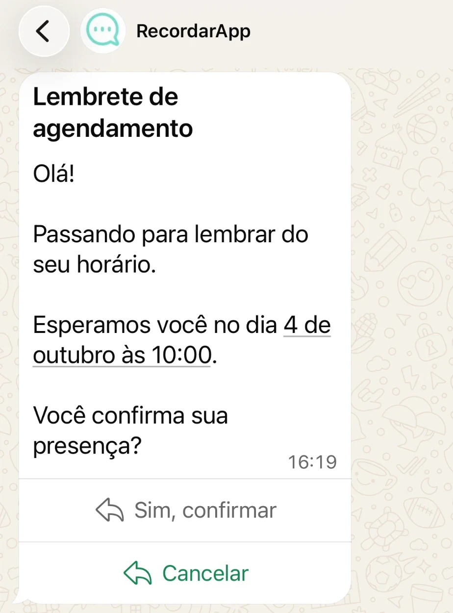 Exemplo de lembrete de agendamento pelo WhatsApp