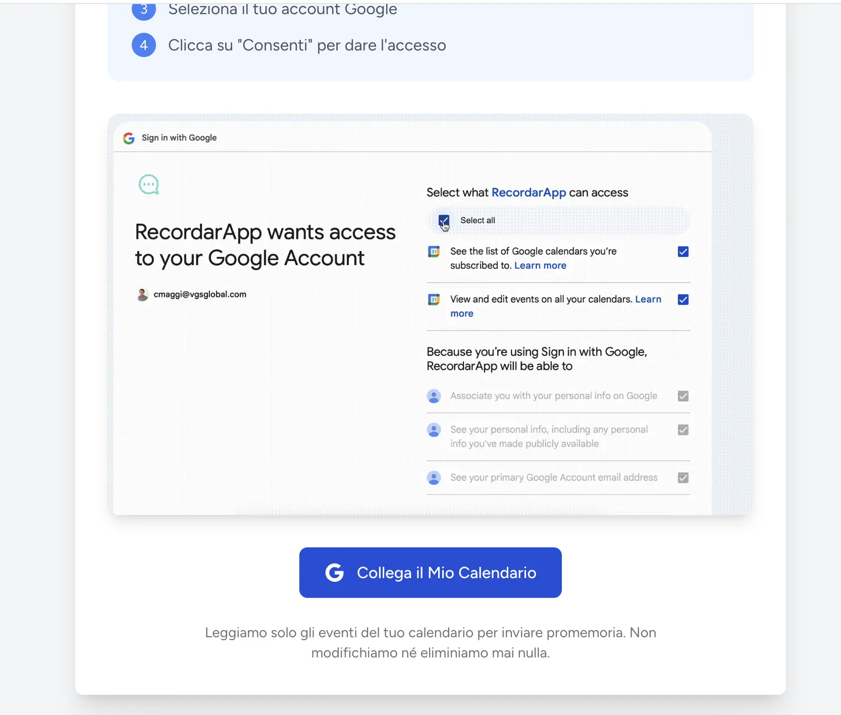Connecting Google Calendar — Italian interface