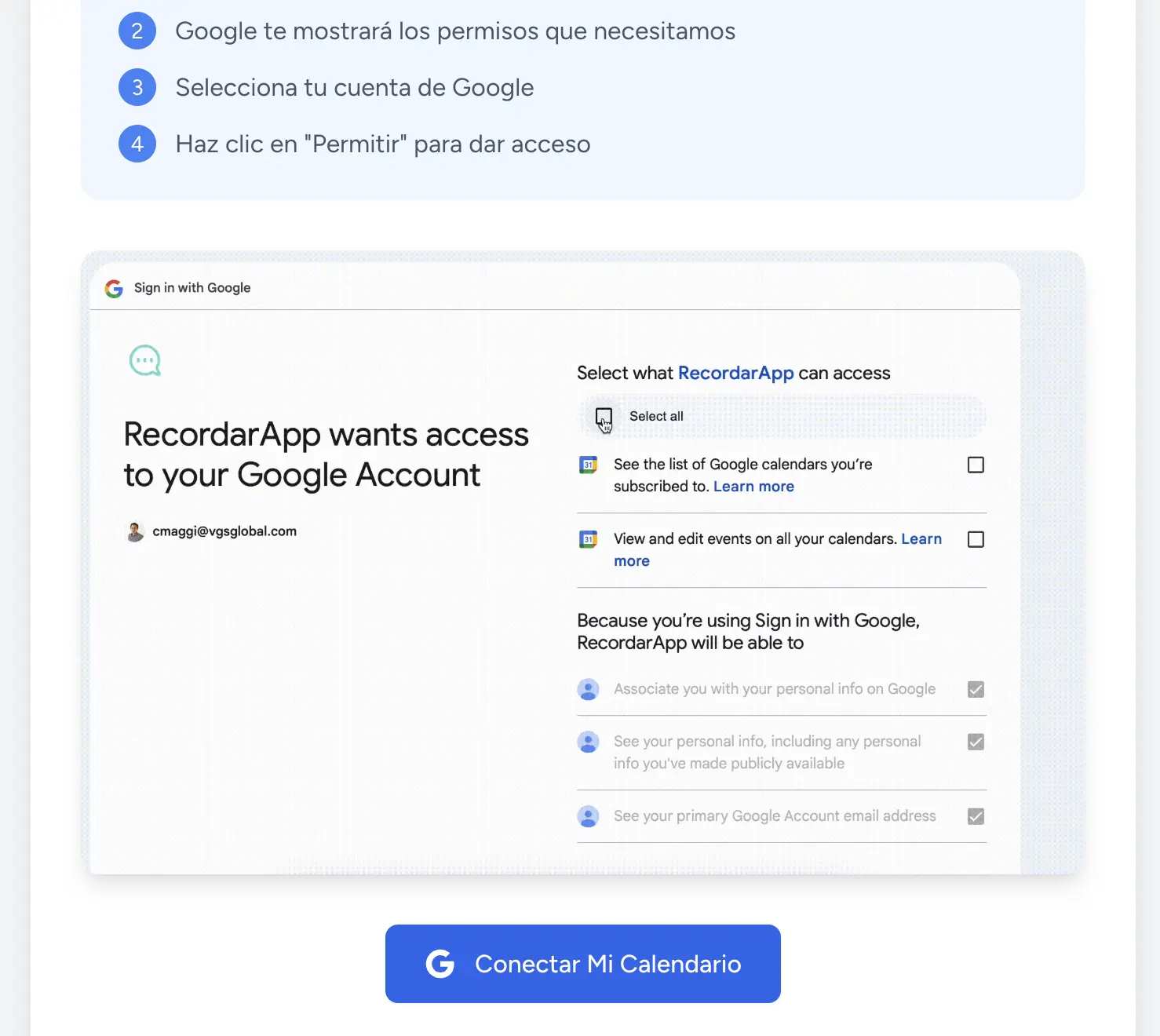Pantalla de conexión del calendario de Google