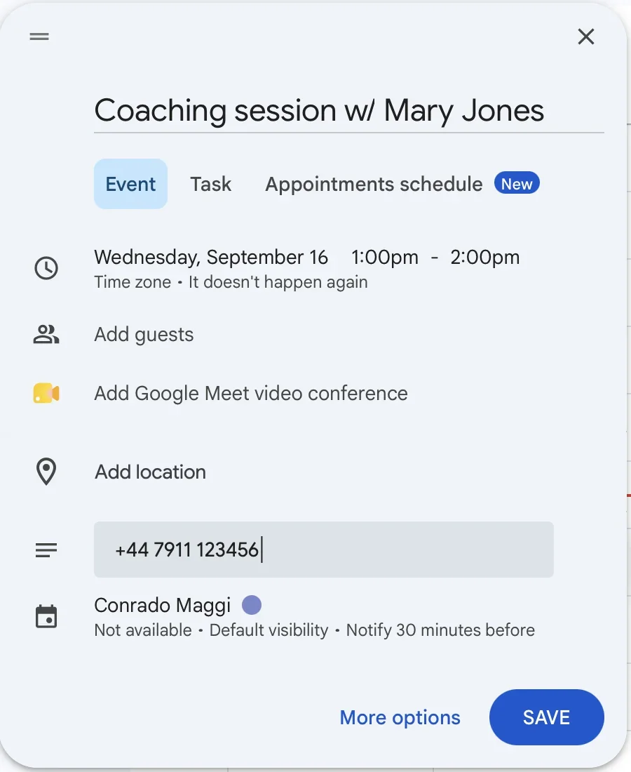 Google Calendar event with the client phone number in the description
