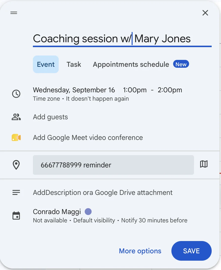 Google Calendar event with a client phone number