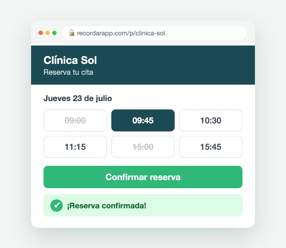 Página de reservas online de RecordarApp